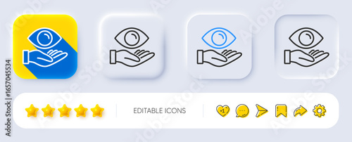 Eye care line icon. Neumorphic, Flat shadow, 3d buttons. Oculist clinic sign. Optometry vision symbol. Line health eye icon. Social media icons. Vector