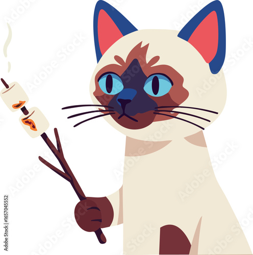 Siamese cat roasting marshmallows on stick vector illustration with blue eyes and dark brown ears and paws