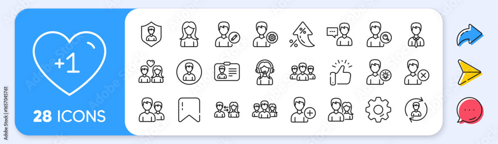 Obraz premium User people line icons. Interest rate, AI generate, Inflation icons. Male and Female Profile, Group and Support icons. ID card, Teamwork people and Businessman symbols. Vector