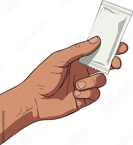 Hand holding small white sachet packet with blank label for condiment or spice use in cooking and food preparation vector illustration