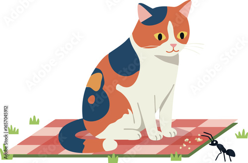 Calico cat sitting on checkered picnic blanket observing black ant on grass vector animal illustration