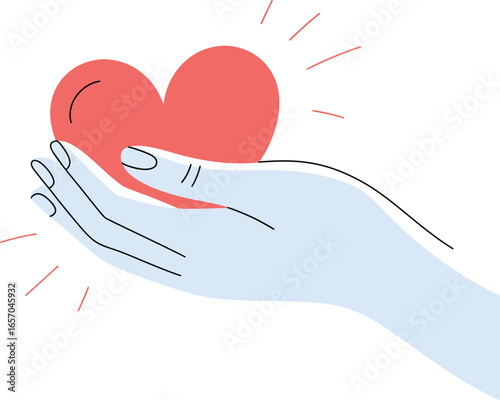 Minimalist vector illustration of a gentle light blue hand tenderly holding a vibrant red heart, symbolizing love, care, and compassion in a clean design.