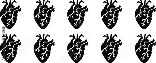 Seamless background with black anatomical heart illustrations. Repetitive vector pattern for medical and scientific themes.