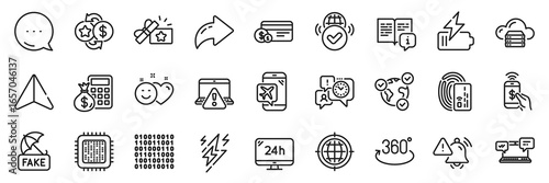 Time management, Binary code and Lightning bolt line icons pack. Share, Message, Paper plane icons. Card, Fake news, Full rotation web icon. Vector