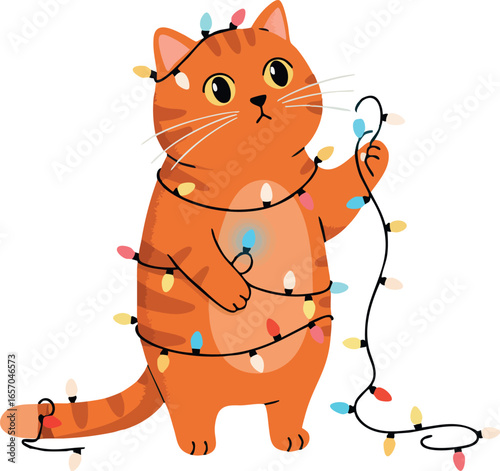 Orange Cat Playing with Colorful Christmas Lights in Cute Holiday Vector Illustration