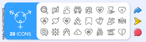Romantic dinner, Search love and Kiss me line icons. Interest rate, AI generate, Inflation icons. Pack of Honeymoon cruise, Dating chat, Genders icon. Vector