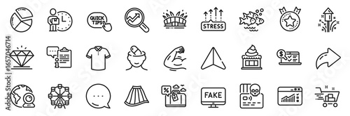 Quick tips, Ranking star and Diamond line icons pack. Share, Message, Paper plane icons. Depression treatment, Pie chart, Ice cream web icon. Vector
