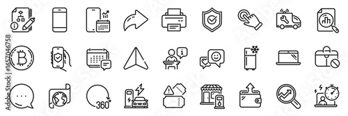 Analytics graph, Filling station and Phone calendar line icons pack. Share, Message, Paper plane icons. Bitcoin, Podium, Smile web icon. Timer, Translation service, Car service pictogram. Vector