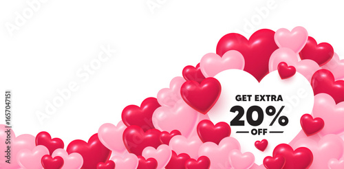 Extra discount heart shaped bubble. 3d hearts love background. Get Extra 20 percent off Sale. Discount offer price sign. Special offer symbol. Save 20 percentages. Valentines day greeting card. Vector