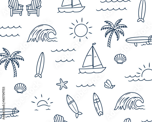 Hand-drawn seamless pattern with navy blue beach icons. Simple doodle illustration of sailboats, surfboards, and palm trees on a white background.