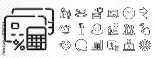 Parking security, Coins and Timer line icons for web app. Glare of light effect. Message icon. Pack of Augmented reality, Support, Graph chart pictogram icons. Vector