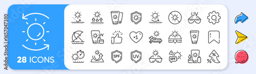 Sun protection line icons. Interest rate, AI generate, Inflation icons. Sunscreen, beach lounger and umbrella set. Summer sunbed, sunblock cream and uv sunglasses line icons. Vector