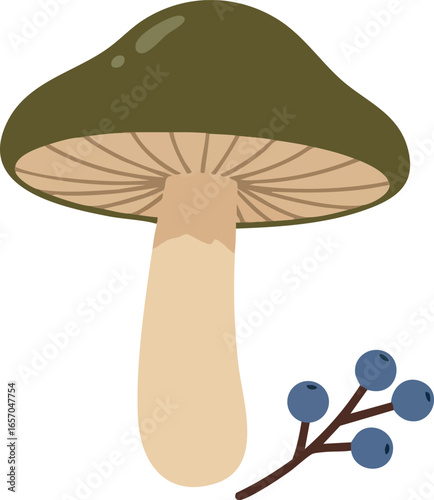 Mushroom with blue berries simple vector design natural forest element organic vegetarian food illustration