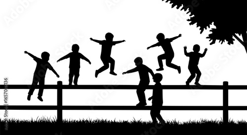 Silhouette Vector Boys Jumping Over Fence Illustration Graphic Design black and white