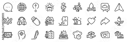 Usb stick, Love and Work home line icons pack. Share, Message, Paper plane icons. Friend, Cooking timer, Delivery man web icon. Eco power, Recruitment, Globe pictogram. Vector