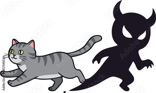 Cat walking with devil shadow representing inner fears and hidden darkness concept vector illustration