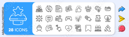 Fireworks, Typewriter and Notification bubble line icons. Interest rate, AI generate, Inflation icons. Pack of Settings blueprint, Add handbag, Question bubbles icon. Vector