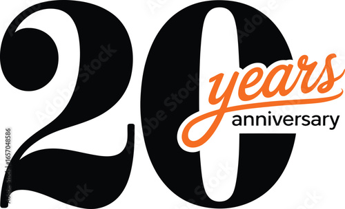 Bold black number 20 with orange text celebrating twenty years anniversary