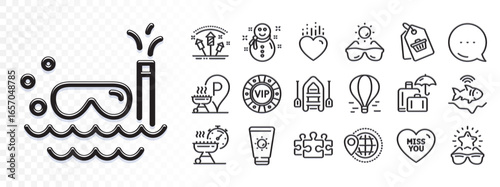 Sale tag, Sunglasses and World travel line icons for web app. Glare of light effect. Message icon. Pack of Sunscreen, Snowman, Vip chip pictogram icons. Vector