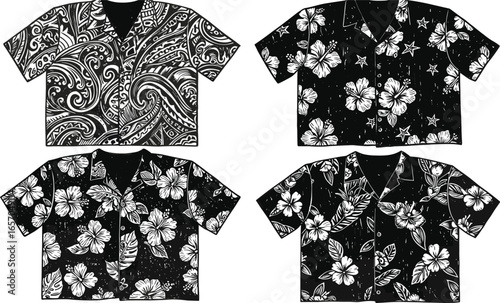Hawaiian shirts, vector, black and white, floral, paisley, hibiscus, tropical, casual, fashion, pattern, summer, design