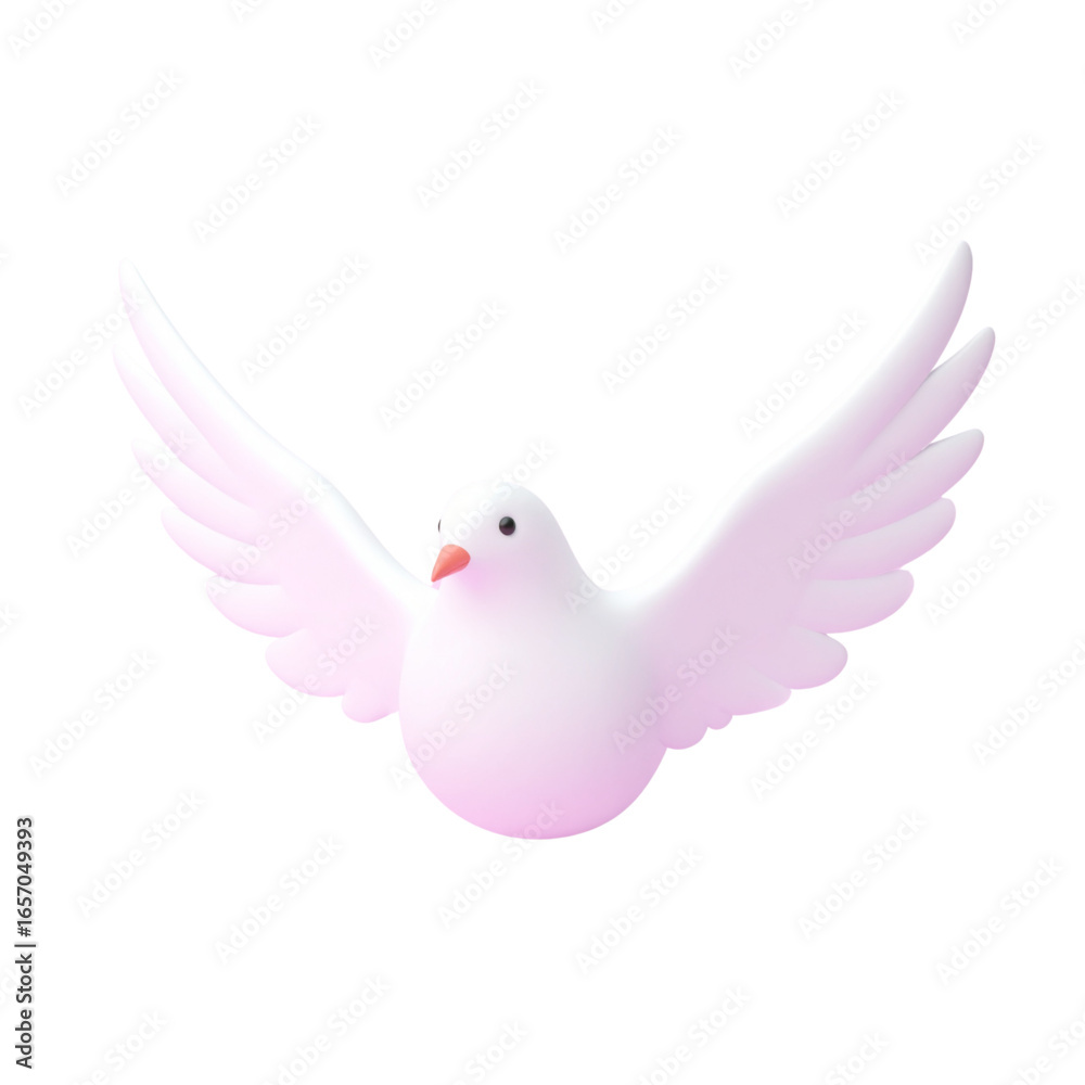 Fototapeta premium A beautiful 3D white dove flies with its wings spread wide against a white background. A symbol of peace, freedom, love, hope, and spirituality.