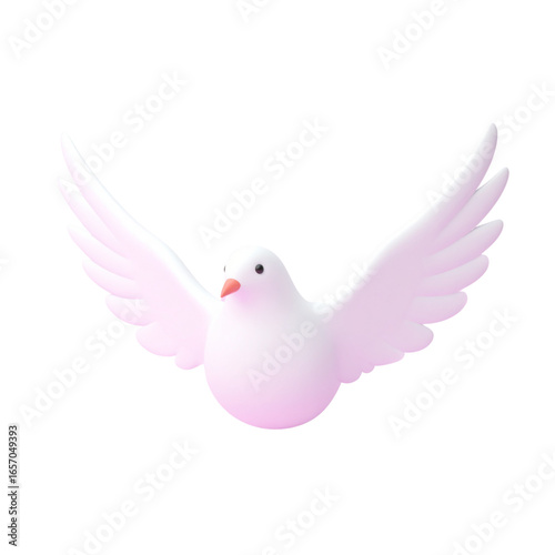  A beautiful 3D white dove flies with its wings spread wide against a white background. A symbol of peace, freedom, love, hope, and spirituality.