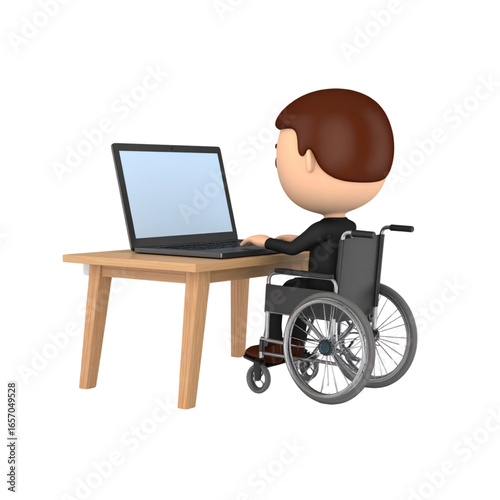 A 3D rendering shows a person in a wheelchair using a laptop at a wooden desk, highlighting accessibility and technology.