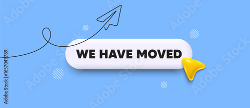 We have moved search bar. Share plane line icon. We have moved. Move new address sign. Place relocate symbol. Search button with 3d cursor. Vector