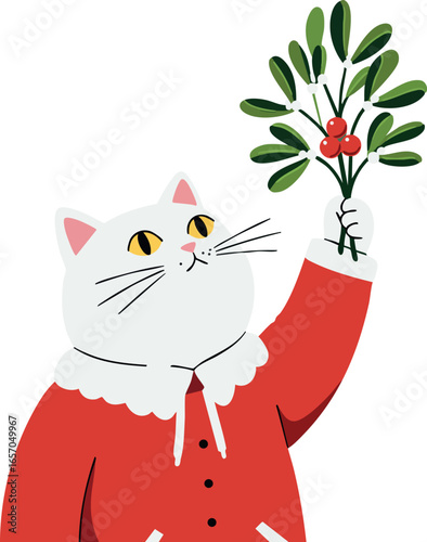 White cat wearing red jacket holding mistletoe branch festive holiday vector design illustration
