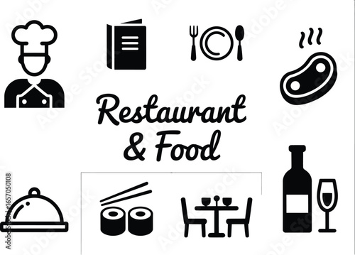 Restaurant and food icons collection with chef menu steak sushi and wine
