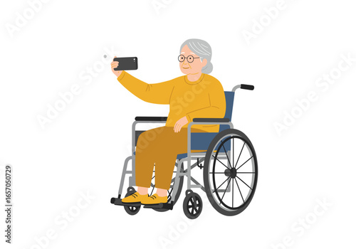 Elderly woman in wheelchair taking selfie with smartphone
