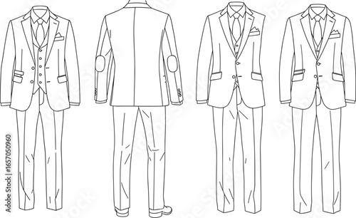 Men’s suit multiple views set, front and back, jacket with elbow patches, vest, trousers, dress shirt, tie, vector illustration