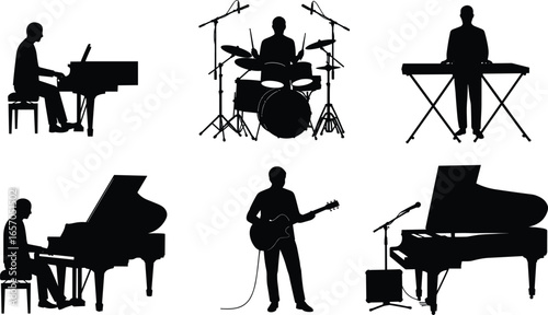 Musician silhouettes, piano, drums, keyboard, electric guitar, black vector, band performance, music instruments, posture, outline, flat illustration, CAD drawing, stage set