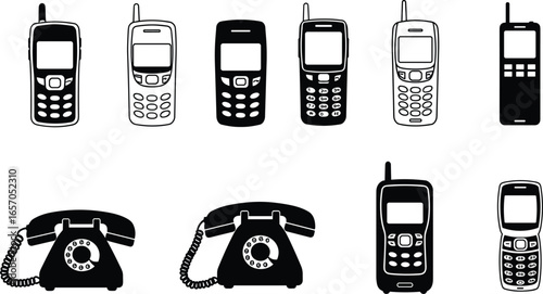 Phone icons set, mobile and rotary dial designs, vintage to modern, communication, technology evolution, black and white vector illustration