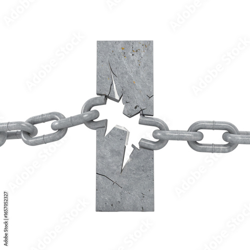 Cracked metal plate with broken chains symbolizing freedom, breakthrough, strength, and breaking limits. A 3D render suitable for metaphors of empowerment and change.