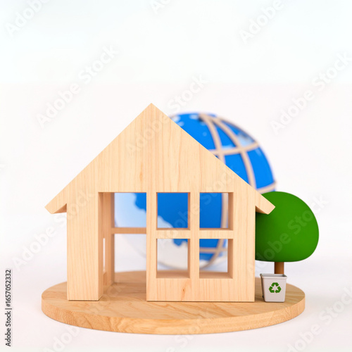 Eco-friendly wooden house model with globe and tree, symbolizing sustainable living and global environmental awareness.