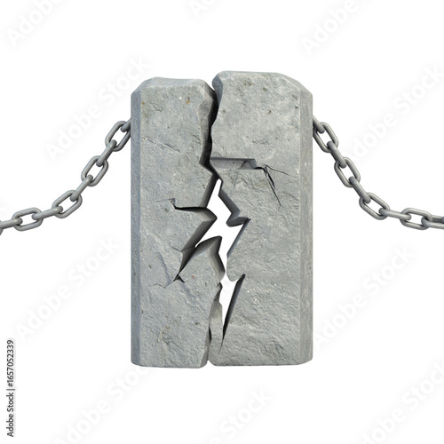 3D cracked stone block with broken chains, symbolizing freedom, breakthrough, strength, and liberation from limitations.