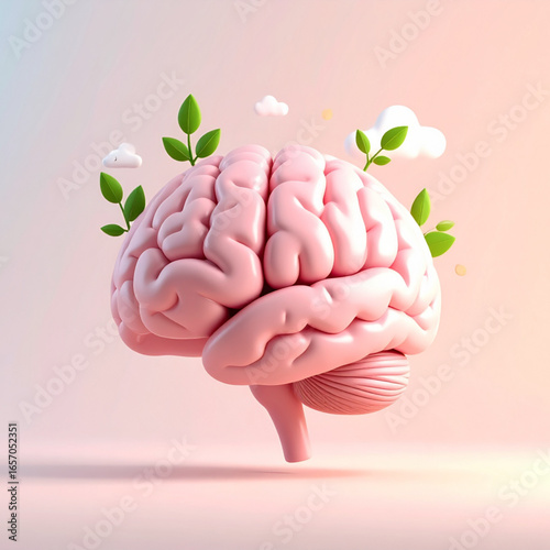 Creative 3D illustration of a brain with plants growing, symbolizing eco mindset, mental growth, and sustainable thinking.