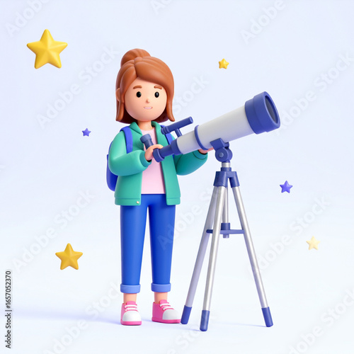 3D illustration of a girl using a telescope, representing space exploration, curiosity, and childhood interest in astronomy.