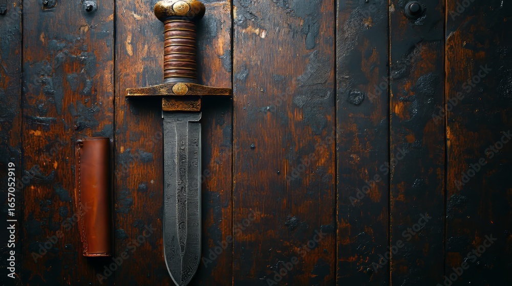 Fototapeta premium Flat lay of a handmade hunting knife with raw materials on a wooden table