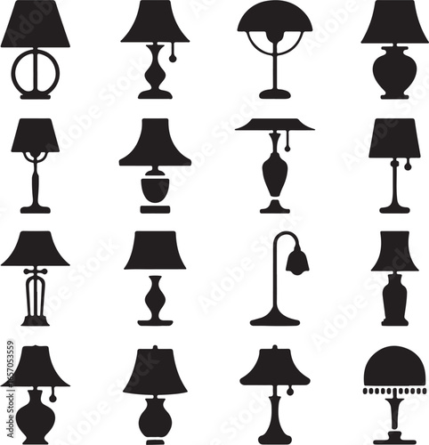 Table Lamp Silhouette Collection — Assorted Lampshades and Desk Lights Vector