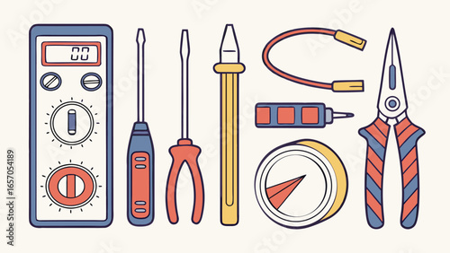 Electrical Tools Set Vector Illustration, Electrician Equipment Collection with Pliers, Screwdrivers, Multimeter, Tester, Wire Cutter, Drill, and Insulation Accessories