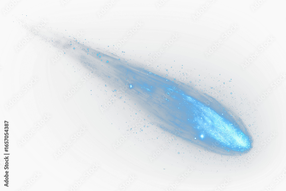 Fototapeta premium Translucent comet with a glowing tail, rendered with soft light and shimmering particle details on a transparent background. The ethereal design conveys motion, radiance, and cosmic beauty. PNG