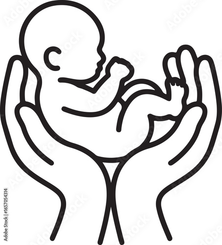 Newborn Baby Cradled in Hands — Infant Care, Protection and Support Line Art Vector Icon