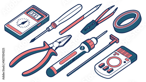 Electrical Tools Set Vector Illustration, Electrician Equipment Collection with Pliers, Screwdrivers, Multimeter, Tester, Wire Cutter, Drill, and Insulation Accessories