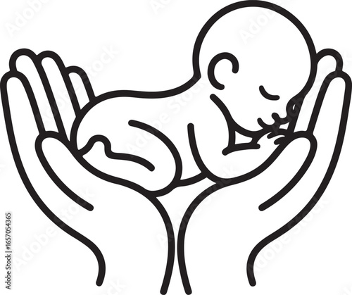 Sleeping Newborn in Caring Hands — Baby Care and Protection Line Art Vector Icon