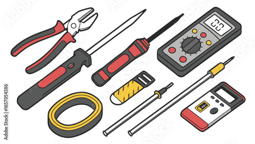 Electrical Tools Set Vector Illustration, Electrician Equipment Collection with Pliers, Screwdrivers, Multimeter, Tester, Wire Cutter, Drill, and Insulation Accessories