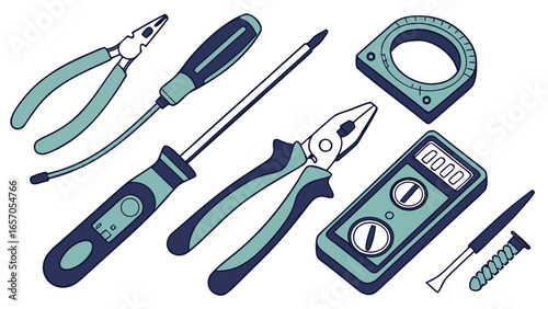 Electrical Tools Set Vector Illustration, Electrician Equipment Collection with Pliers, Screwdrivers, Multimeter, Tester, Wire Cutter, Drill, and Insulation Accessories