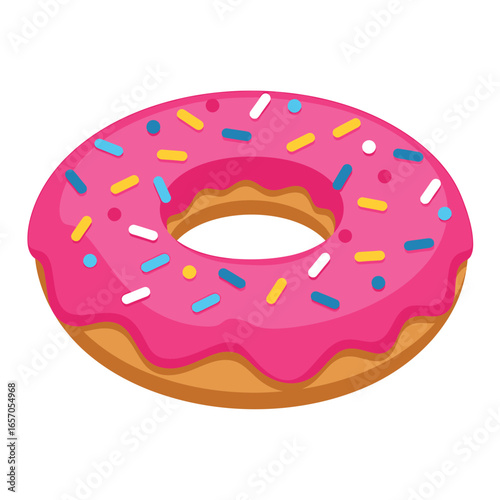 A delicious pink donut with colorful sprinkles, a perfect sweet treat for breakfast or dessert, glazed with sugary goodness