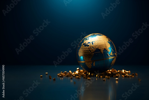 Globe resting on golden blocks representing wealth and global economy in a creative artistic display